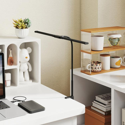 LED Desk Lamp with Clamp, Double Head Table Lamp with 3 Colour Modes & 10 Brightness Levels, Flexible Gooseneck Reading Desk Light with Timer and Memory Function for Study, Office, Work, Black