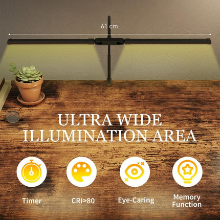LED Desk Lamp with Clamp, Double Head Table Lamp with 3 Colour Modes & 10 Brightness Levels, Flexible Gooseneck Reading Desk Light with Timer and Memory Function for Study, Office, Work, Black