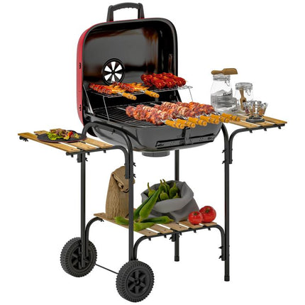 Red Charcoal BBQ Grill Portable Barbecue 1840cm² Warming Rack Wheels Shelves
