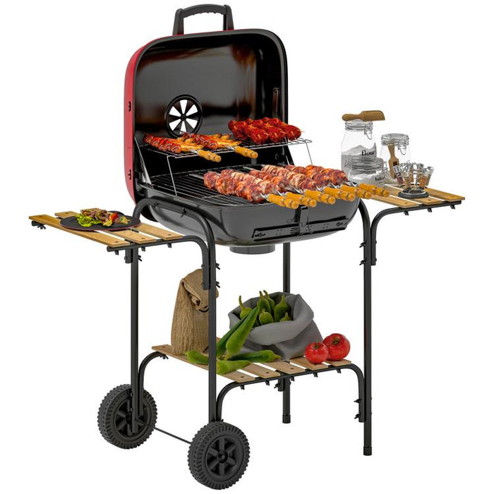 Red Charcoal BBQ Grill Portable Barbecue 1840cm² Warming Rack Wheels Shelves