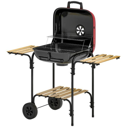 Red Charcoal BBQ Grill Portable Barbecue 1840cm² Warming Rack Wheels Shelves