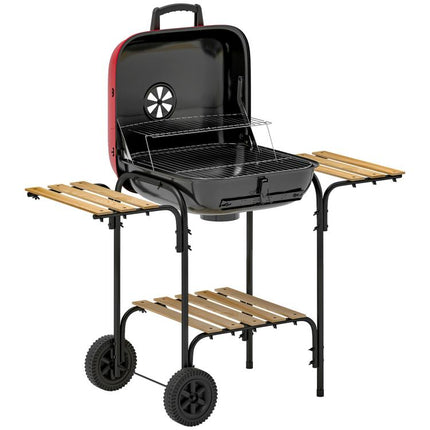Red Charcoal BBQ Grill Portable Barbecue 1840cm² Warming Rack Wheels Shelves