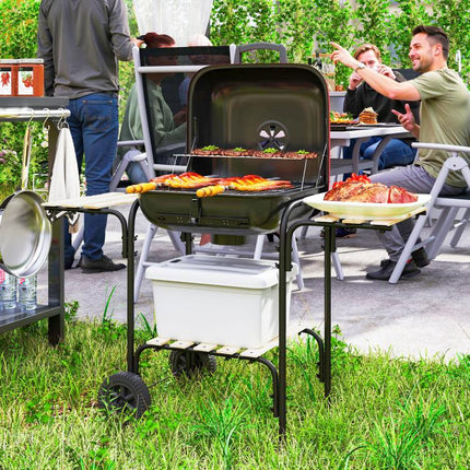 Red Charcoal BBQ Grill Portable Barbecue 1840cm² Warming Rack Wheels Shelves
