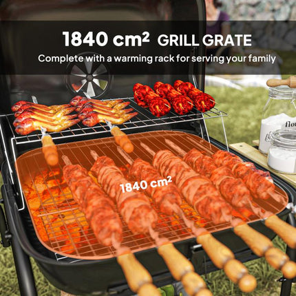 Red Charcoal BBQ Grill Portable Barbecue 1840cm² Warming Rack Wheels Shelves