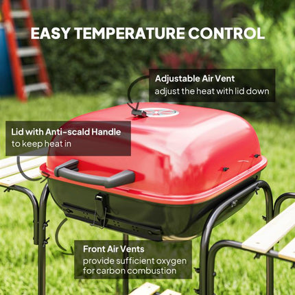 Red Charcoal BBQ Grill Portable Barbecue 1840cm² Warming Rack Wheels Shelves