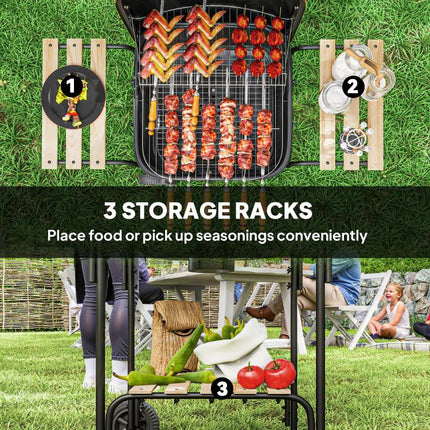 Red Charcoal BBQ Grill Portable Barbecue 1840cm² Warming Rack Wheels Shelves