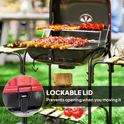 Red Charcoal BBQ Grill Portable Barbecue 1840cm² Warming Rack Wheels Shelves