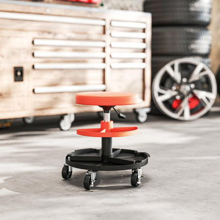 Rolling Mechanic Workshop Stool 135kg Capacity Heavy Duty Garage Seat Orange