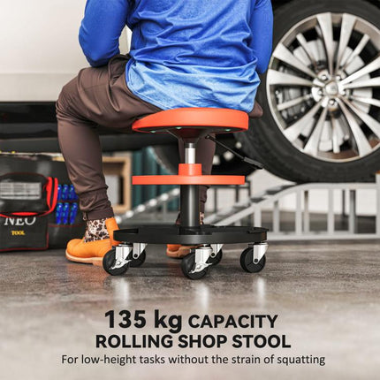 Rolling Mechanic Workshop Stool 135kg Capacity Heavy Duty Garage Seat Orange