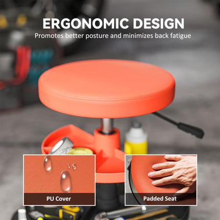 Rolling Mechanic Workshop Stool 135kg Capacity Heavy Duty Garage Seat Orange