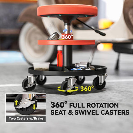 Rolling Mechanic Workshop Stool 135kg Capacity Heavy Duty Garage Seat Orange