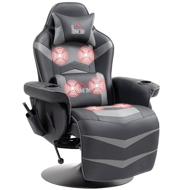 Massage Gaming Chair, Swivel Racing Video Gaming Recliner with Retractable Footrest, Headrest, Cup Holders and Side Pockets, Ergonomic High Back PU Leather Executive Desk Chair, Grey