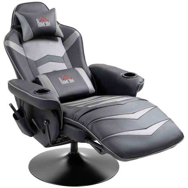 Massage Gaming Chair, Swivel Racing Video Gaming Recliner with Retractable Footrest, Headrest, Cup Holders and Side Pockets, Ergonomic High Back PU Leather Executive Desk Chair, Grey