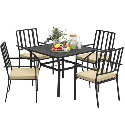 5 Pieces Garden Dining Set with Cushions, Outdoor Patio Table and 4 Stackable Chairs, Metal Top Table with Umbrella Hole, Black