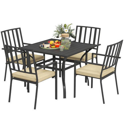 5 Pieces Garden Dining Set with Cushions, Outdoor Patio Table and 4 Stackable Chairs, Metal Top Table with Umbrella Hole, Black