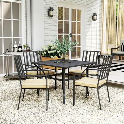 5 Pieces Garden Dining Set with Cushions, Outdoor Patio Table and 4 Stackable Chairs, Metal Top Table with Umbrella Hole, Black