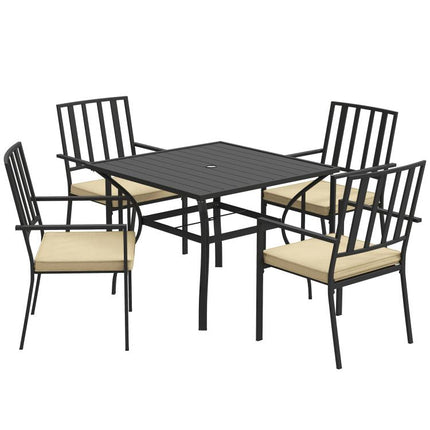 5 Pieces Garden Dining Set with Cushions, Outdoor Patio Table and 4 Stackable Chairs, Metal Top Table with Umbrella Hole, Black