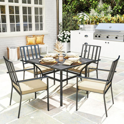 5 Pieces Garden Dining Set with Cushions, Outdoor Patio Table and 4 Stackable Chairs, Metal Top Table with Umbrella Hole, Black