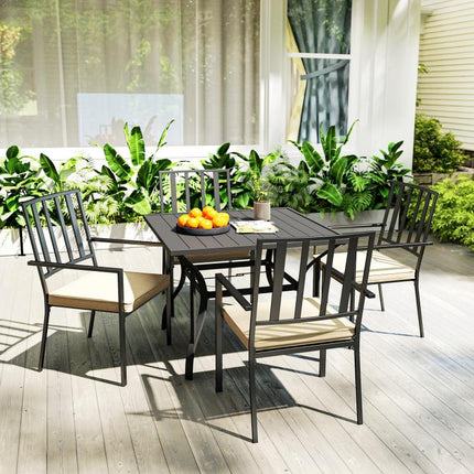 5 Pieces Garden Dining Set with Cushions, Outdoor Patio Table and 4 Stackable Chairs, Metal Top Table with Umbrella Hole, Black