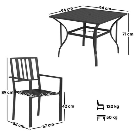 5 Pieces Garden Dining Set with Cushions, Outdoor Patio Table and 4 Stackable Chairs, Metal Top Table with Umbrella Hole, Black