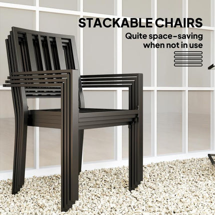 5 Pieces Garden Dining Set with Cushions, Outdoor Patio Table and 4 Stackable Chairs, Metal Top Table with Umbrella Hole, Black