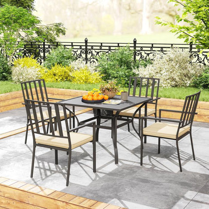 5 Pieces Garden Dining Set with Cushions, Outdoor Patio Table and 4 Stackable Chairs, Metal Top Table with Umbrella Hole, Black