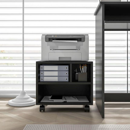 Discover a Smarter Everyday Essential: Keep Your Workspace Organised – Black 3-Compartment Printer Cabinet on Wheels