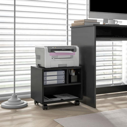 Discover a Smarter Everyday Essential: Keep Your Workspace Organised – Black 3-Compartment Printer Cabinet on Wheels