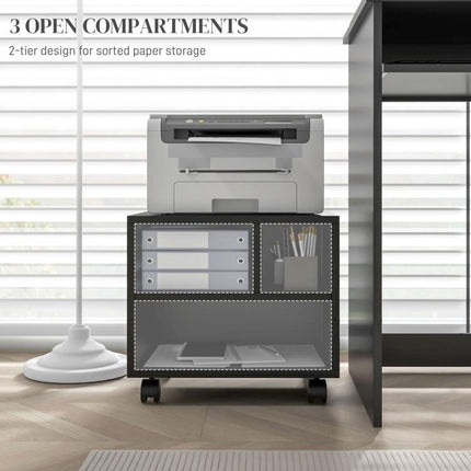 Discover a Smarter Everyday Essential: Keep Your Workspace Organised – Black 3-Compartment Printer Cabinet on Wheels