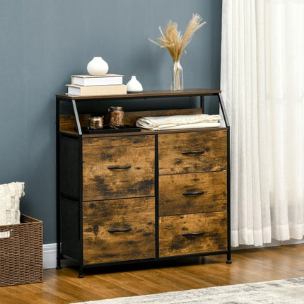 Bedroom Chest of Drawers, Industrial 5 Fabric Drawer Dresser with Open Shelf for Living Room, Rustic Brown