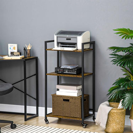 3-Tier Printer Stand Rolling Utility Cart with Lockable Wheels, Rustic Brown