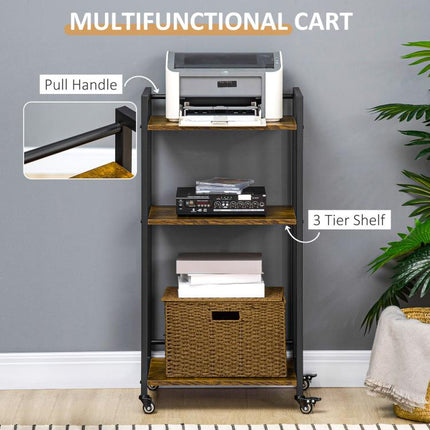 3-Tier Printer Stand Rolling Utility Cart with Lockable Wheels, Rustic Brown