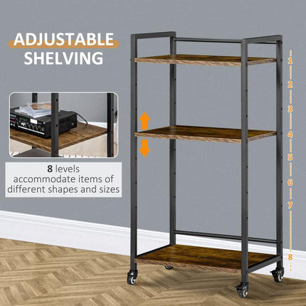 3-Tier Printer Stand Rolling Utility Cart with Lockable Wheels, Rustic Brown