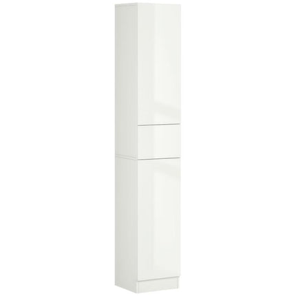 Tall Bathroom Cabinet with Adjustable Shelves, High Gloss Storage Cupboard, Freestanding Tallboy with Storage Drawer, White