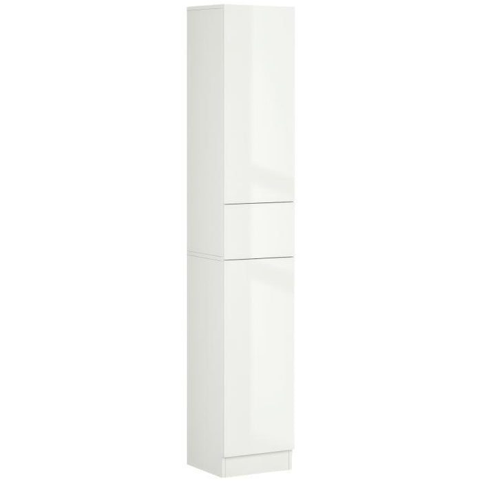 Tall Bathroom Cabinet with Adjustable Shelves, High Gloss Storage Cupboard, Freestanding Tallboy with Storage Drawer, White