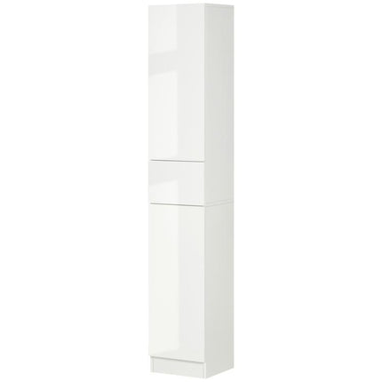 Tall Bathroom Cabinet with Adjustable Shelves, High Gloss Storage Cupboard, Freestanding Tallboy with Storage Drawer, White
