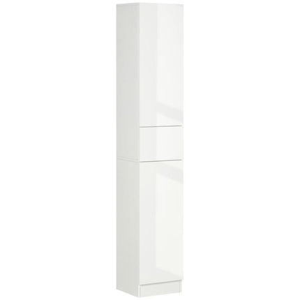 Tall Bathroom Cabinet with Adjustable Shelves, High Gloss Storage Cupboard, Freestanding Tallboy with Storage Drawer, White