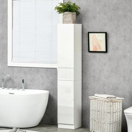 Tall Bathroom Cabinet with Adjustable Shelves, High Gloss Storage Cupboard, Freestanding Tallboy with Storage Drawer, White