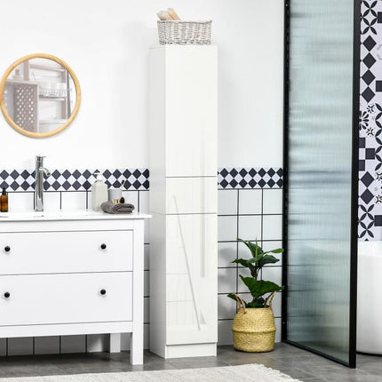 Tall Bathroom Cabinet with Adjustable Shelves, High Gloss Storage Cupboard, Freestanding Tallboy with Storage Drawer, White