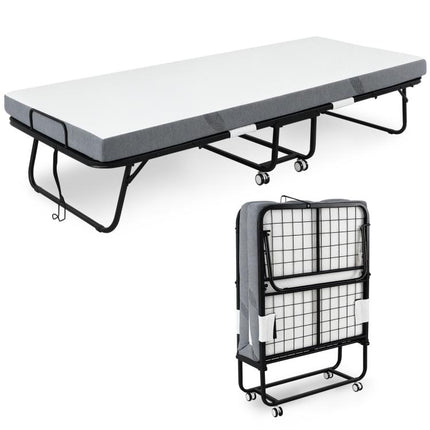 Folding Bed with 10cm Mattress, Portable Foldable Guest Bed with Sturdy Metal Frame on Wheels
