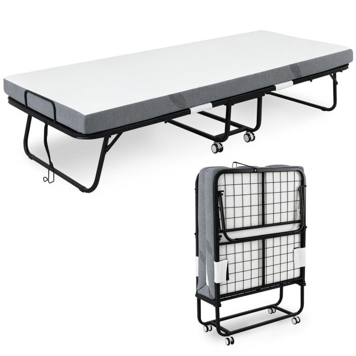Folding Bed with 10cm Mattress, Portable Foldable Guest Bed with Sturdy Metal Frame on Wheels