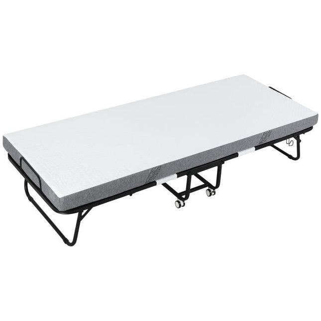Folding Bed with 10cm Mattress, Portable Foldable Guest Bed with Sturdy Metal Frame on Wheels