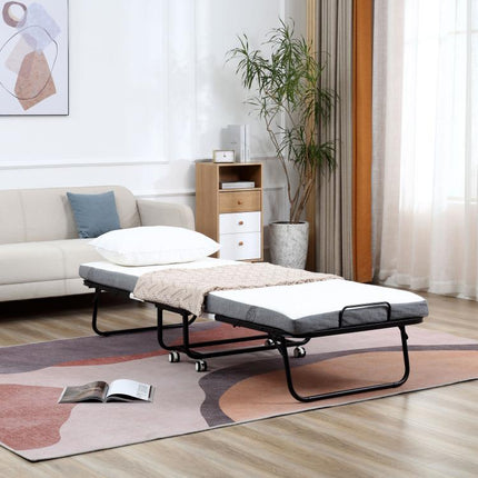 Folding Bed with 10cm Mattress, Portable Foldable Guest Bed with Sturdy Metal Frame on Wheels