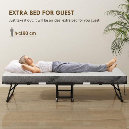 Folding Bed with 10cm Mattress, Portable Foldable Guest Bed with Sturdy Metal Frame on Wheels