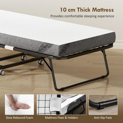 Folding Bed with 10cm Mattress, Portable Foldable Guest Bed with Sturdy Metal Frame on Wheels
