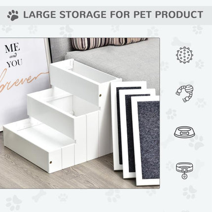 Dog Steps for Bed Sofa, 3 Step Wooden Dog Stairs for Sofa, Pet Stairs with Storage for Small Cats and Puppy, White