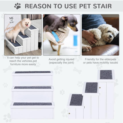 Dog Steps for Bed Sofa, 3 Step Wooden Dog Stairs for Sofa, Pet Stairs with Storage for Small Cats and Puppy, White