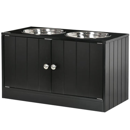 Raised Pet Feeder, with Two Bowls, Storage - Black