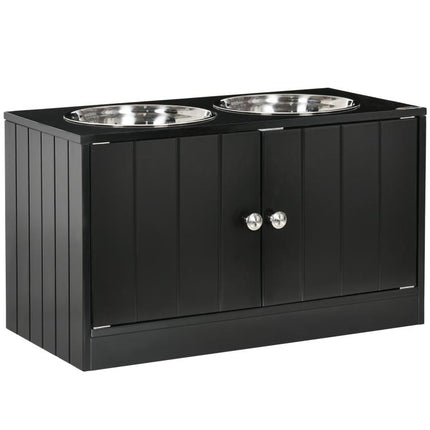 Raised Pet Feeder, with Two Bowls, Storage - Black