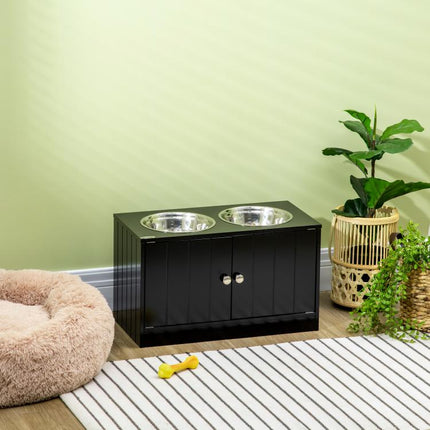 Raised Pet Feeder, with Two Bowls, Storage - Black